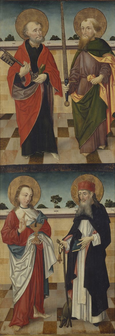St. Peter Holding a Key and St. Paul Holding a Sword; St. John the Evangelist Holding a Chalice Containing a Snake and St. Anthony the Great Holding a Pilgrims Rod with a Pig at His Feet by Master of the Luneburg Footwashers